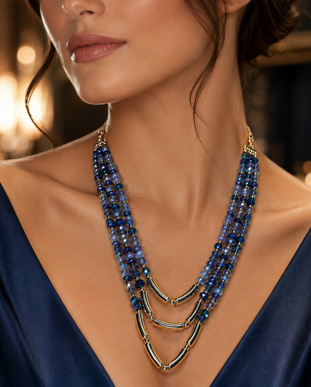 Avon Studio 1886 Shimmer & Shine Layered Necklace Blue Gold Tone New in Box